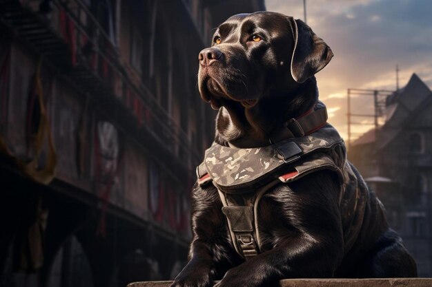 A dog in a harness sits on a ledge in front of a building with a sky background.