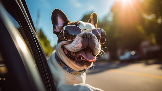 Dog has fun head out car window wearing glasses
