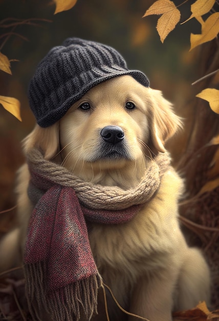 Dog in a hat and scarf sits in the autumn forest AI Generated