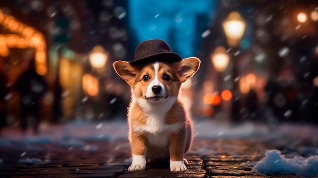 Собака в шляпе сидит на заснеженной улице