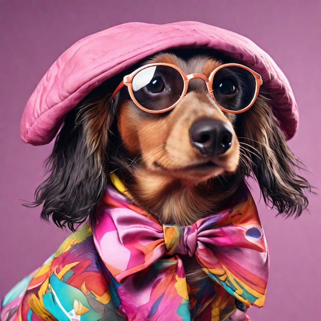 dog in hat and sunglasses portrait in a pink studio