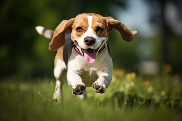 Dog having fun and running towards the camera drool flying on a green lawn Generative ai