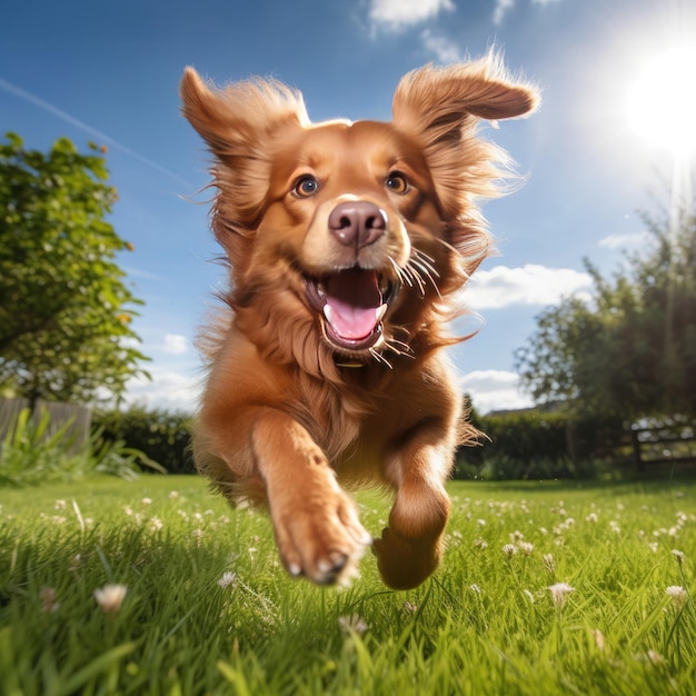 楽しんでカメラに向かって走る犬、緑の芝生の上をよだれが飛び散るジェネレーティブai