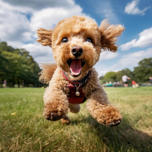 Dog having fun and running towards the camera drool flying on a green lawn Generative ai