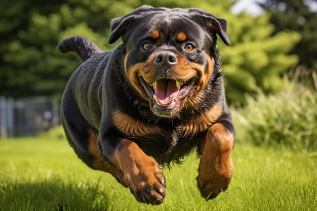 楽しんでカメラに向かって走る犬、緑の芝生の上をよだれが飛び散るジェネレーティブai