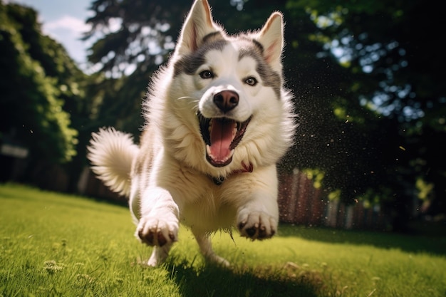 Dog having fun and running towards the camera drool flying on a green lawn Generative ai