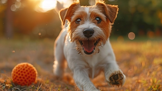 Dog having fun with a ball in a summer park