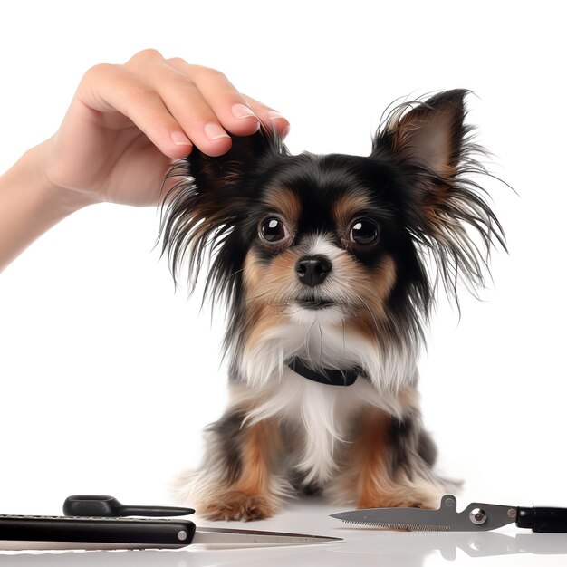 dog having a hair cut picture showing dog and barbers hand with scissor Ai Generated