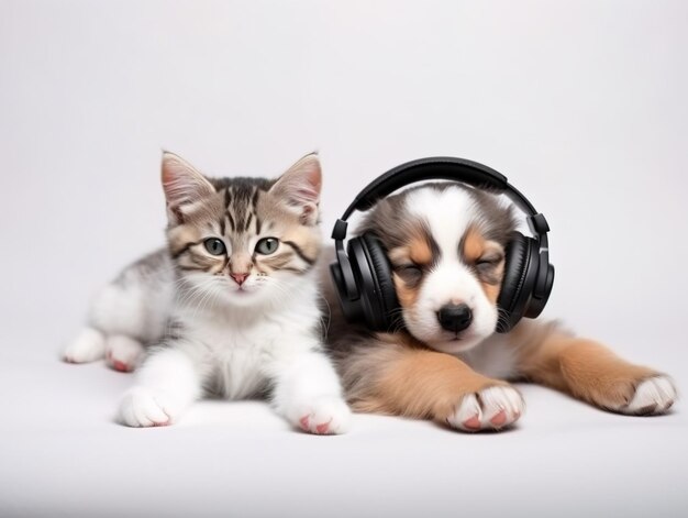 Dog in headphones listening to music next to the kitten