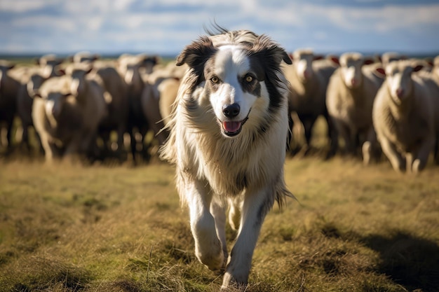 広大なオープンフィールドで羊を飼う犬の生成 AI