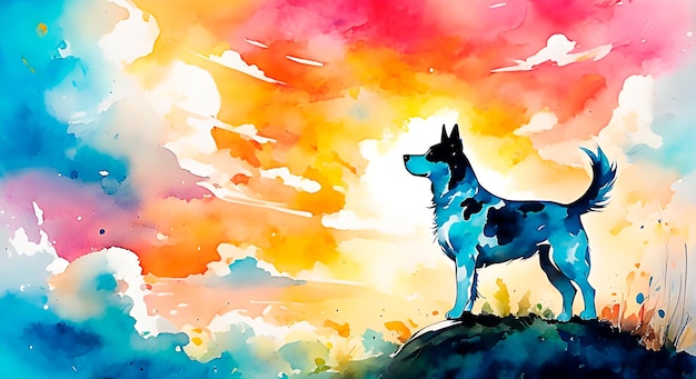 Собака на холме смотрит на небо в стиле акварели.