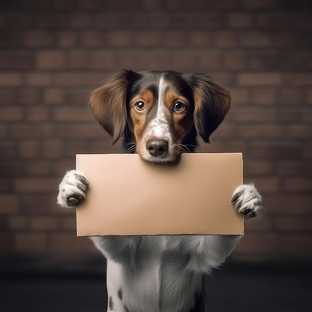 dog holding a blank cardboard sign