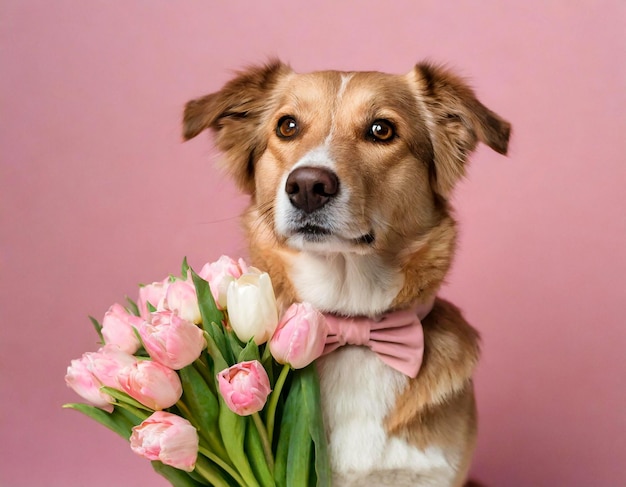 Dog holding a bouquet of tulips on a pink background Mother day concept