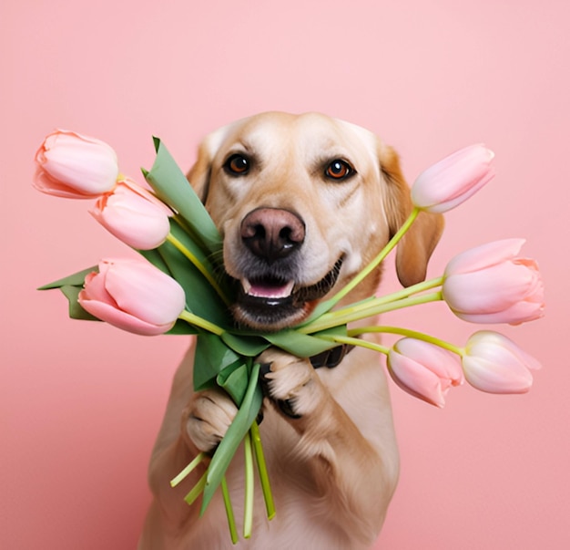 A dog holding a bunch of tulips in his hands