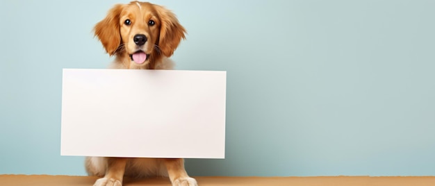 A dog holding empty paper poster with copy space