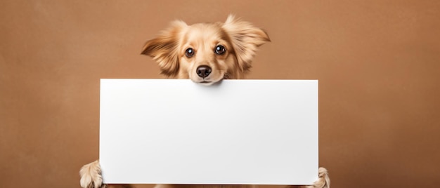 Dog holding empty paper poster with copy space