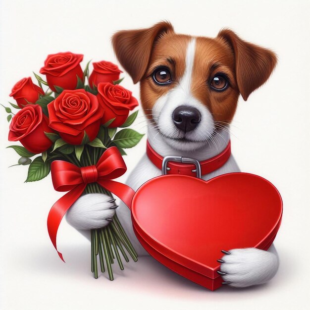 Dog holding a valentines red heart and a bouquet of roses