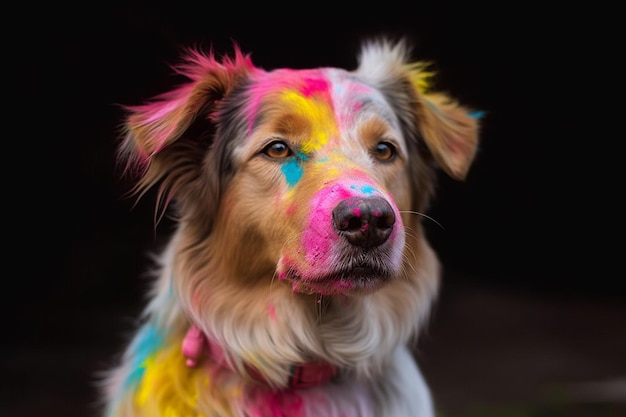 Dog at Holi Festival with coloful powder all over its face