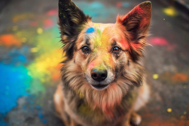 Dog at Holi Festival with coloful powder all over its face