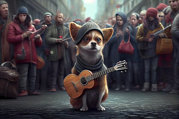 Photo the dog in the hood plays on the city street among the crowd of people ai generated