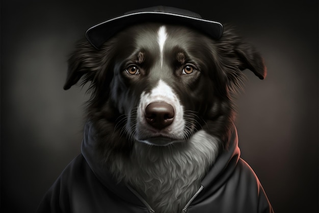 A dog in a hoodie with a hood that says'border collie'on it.