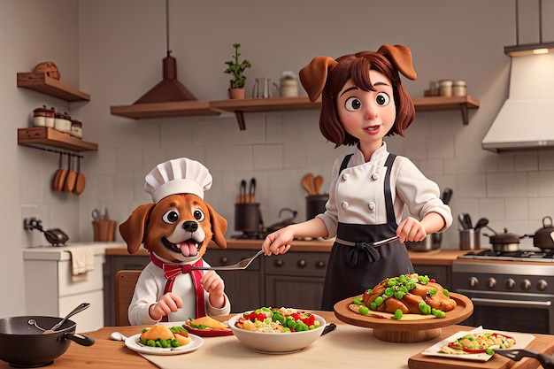 Photo dog hosting a cooking show using its paws to expertly whip up a gourmet meal while narrating in a charming culinary accent