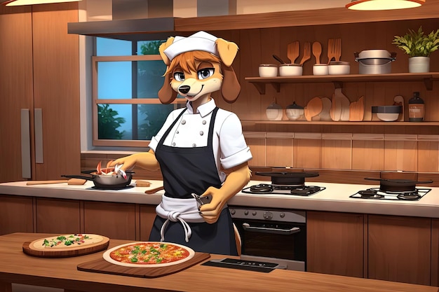 Dog hosting a cooking show using its paws to expertly whip up a gourmet meal while narrating in a charming culinary accent