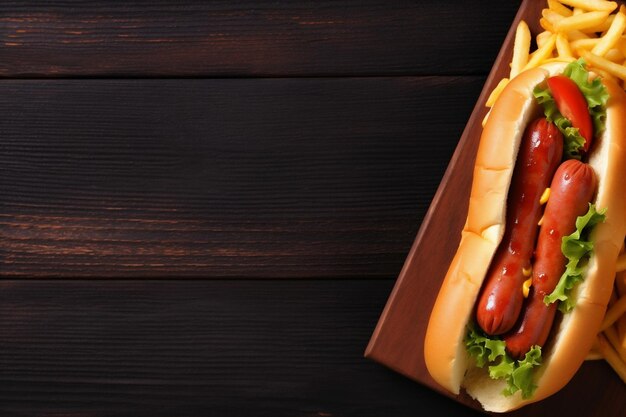 Фото Горячая собачья американская пища, бурито, колбаса, мясо, хлеб, быстрый соус, генеративный ии.