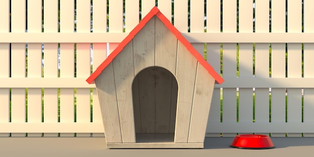 Photo dog house at home backyard wooden fence background 3d illustration