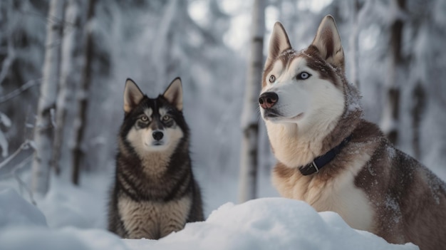 A dog and a husky are standing in the snow.