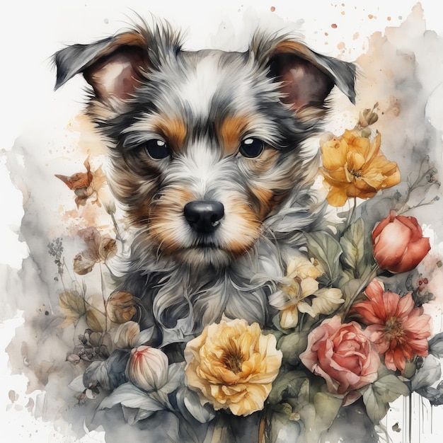 dog illustration and flowers created with generative AI software