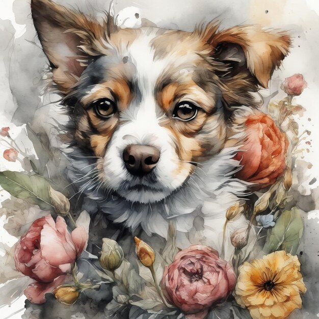 人工知能 (AI) ソフトウェアで作成された犬のイラストと花