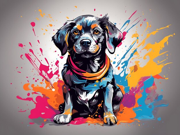 Dog illustration tshirt design with colorful splash brushes