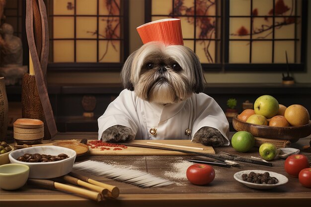写真 シェフの帽子の犬がキッチンのカウンターに座っている