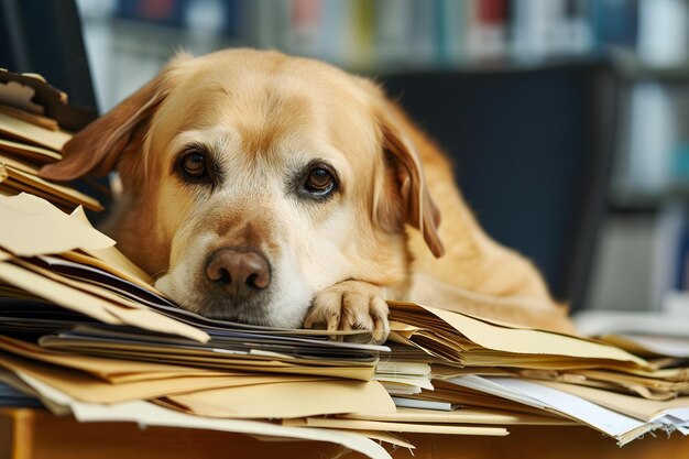 写真 書類の山で圧倒されたオフィスの犬