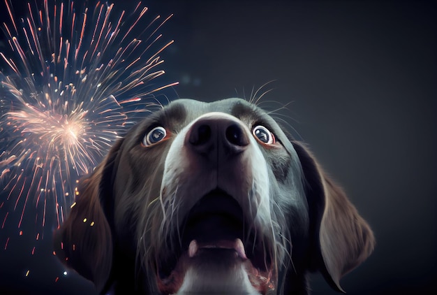 개는 하늘을 배경으로 하는 불꽃놀이 소리에 두려워하고 충격을 받습니다. 애완동물과 동물 개념 디지털 아트 일러스트레이션 Generative AI