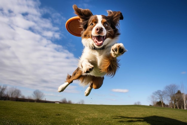 Photo a dog is in the air with a frisbee in its mouth.