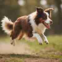 Photo a dog is in the air with its mouth open