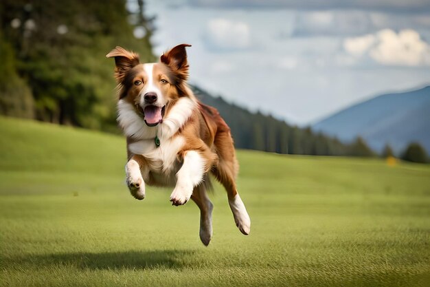 A dog is in the air with its mouth open.