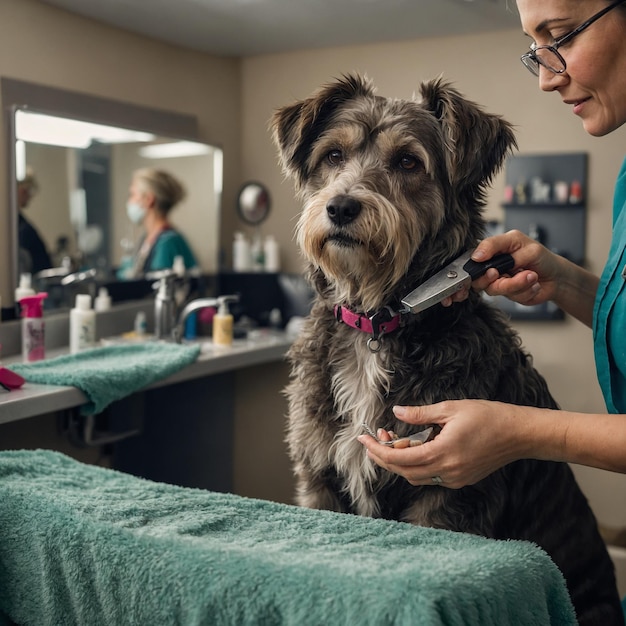 Photo a dog is being brushed by a woman in a salon