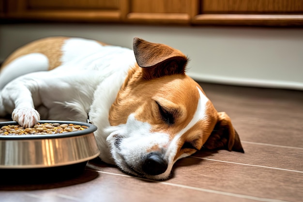 犬が食べ物の皿の横で居眠りしている