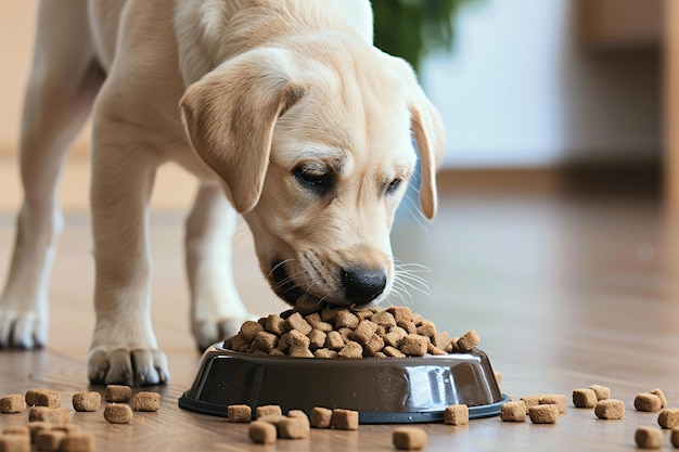 犬が鉢から食べ物を食べている