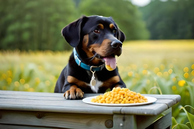 Photo the dog is eating food from the houserealistic