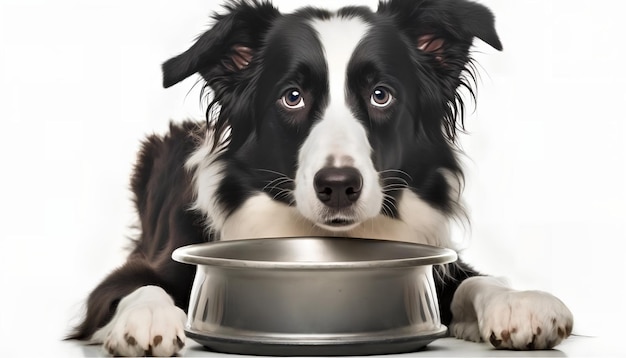 A dog is eating from a bowl.