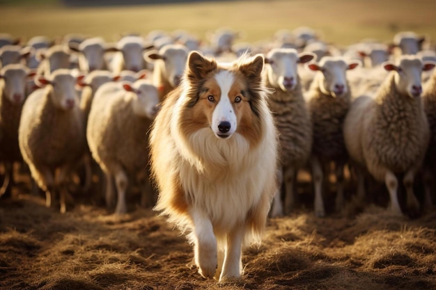 犬が羊の群れと一緒に畑で羊を飼っています