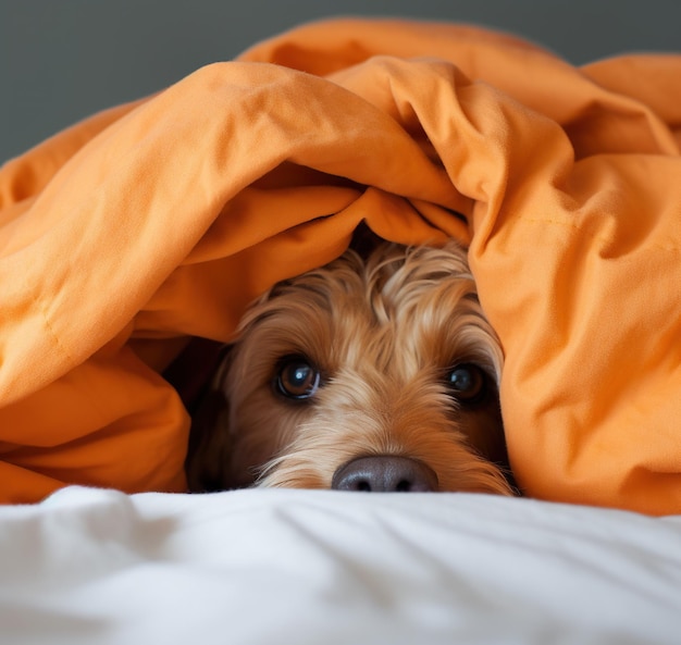 オレンジ色の毛布の下に犬が隠れています。