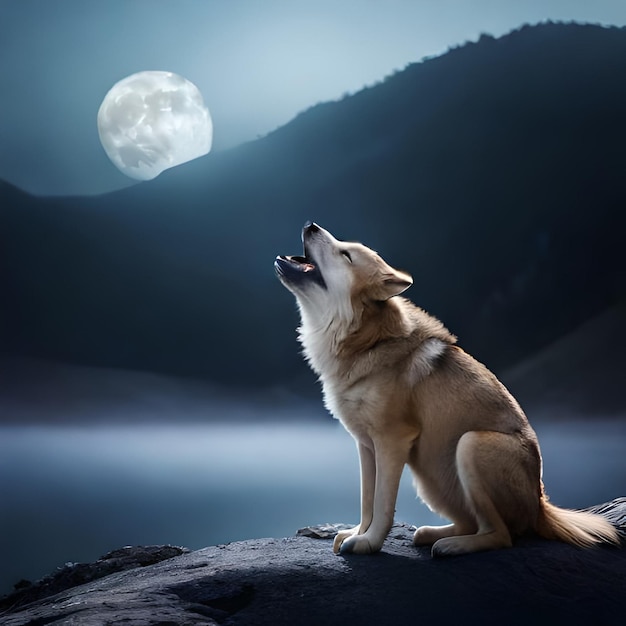 A dog is howling at the moon with the moon in the background.