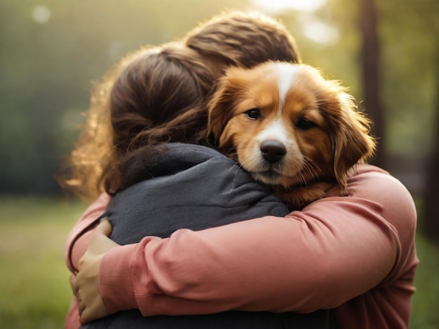 Foto un cane sta abbracciando una donna in un abbraccio