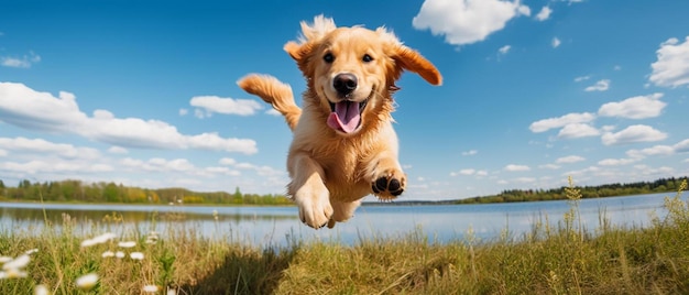 a dog is jumping in the air with the sky in the background