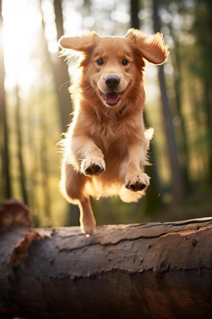 Photo a dog is jumping over a log with its tongue out